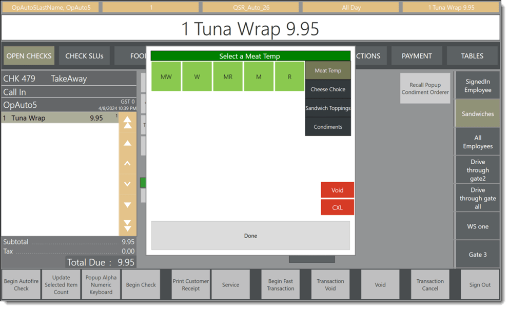 This figure shows the centered popup condiment orderer screen from the workstation.