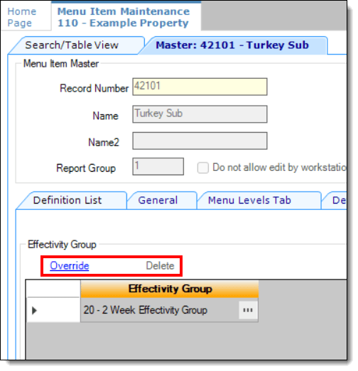 This figure shows the property level’s effectivity group section along with the Effectivity Group section’s Override and Delete links.