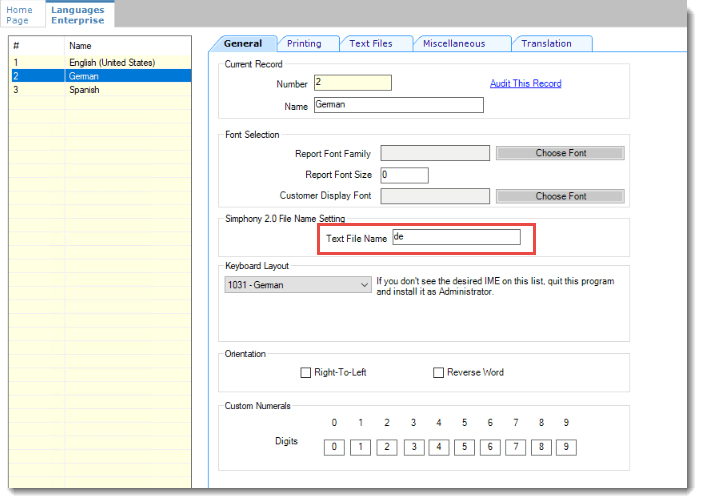 This image displays the General tab of the Languages Enterprise module in EMC, specifically the Text File Name field.