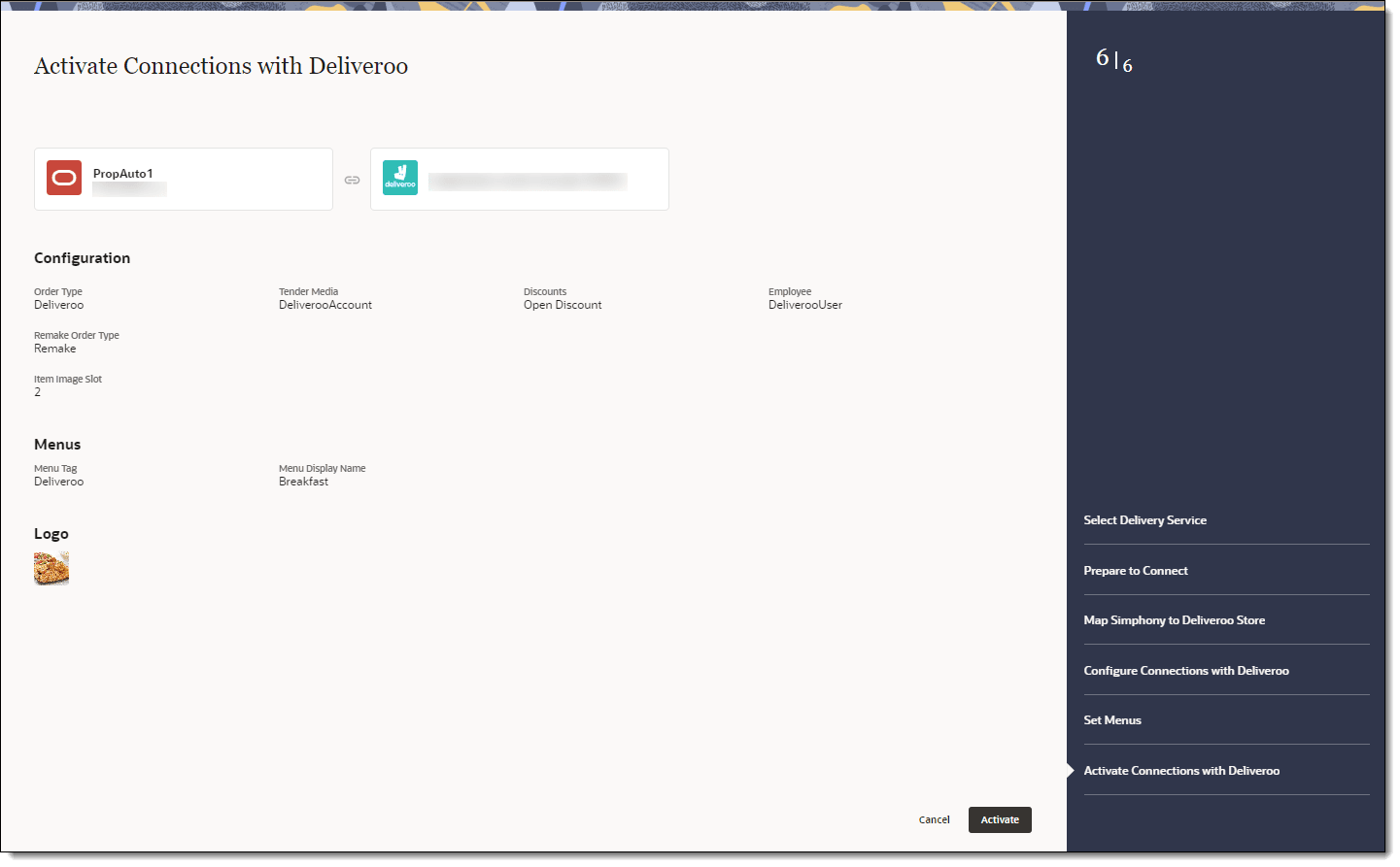 This figure shows the Activate Connections with Deliveroo page.