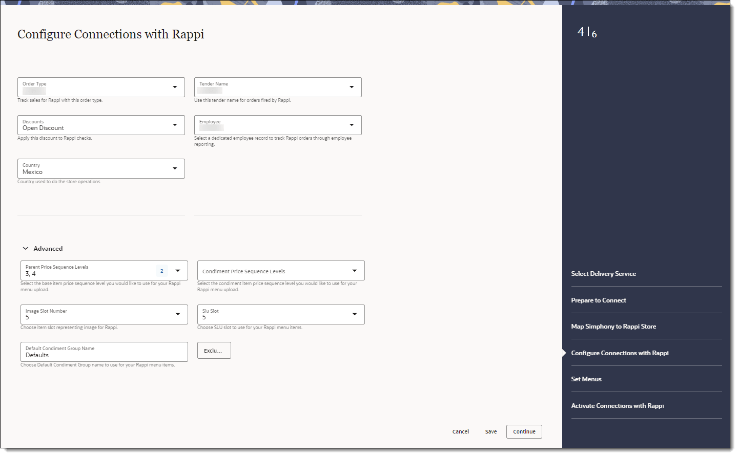 This figure shows the Configure Connections with Rappi page, where you can select the order type, tender, discounts, employee, and advanced menu options..