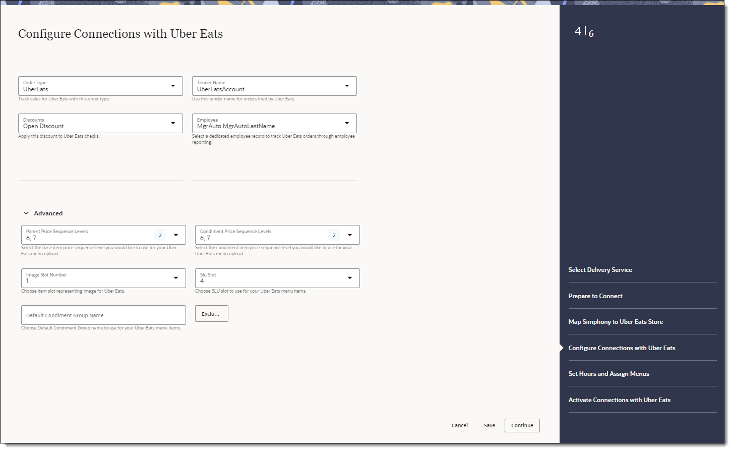 This figure shows the Configure Connections with Uber Eats page, where you can select the order type, tender, discounts, employee, and advanced menu options..