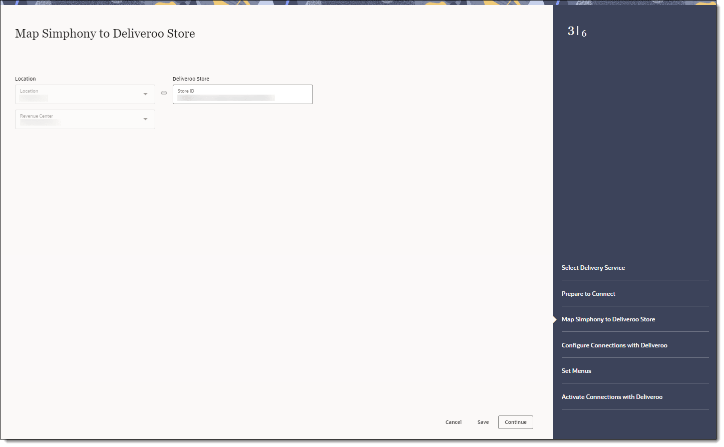 This figure shows the Map Simphony to Deliveroo Store page, where you can select the location, revenue center, and corresponding Deliveroo store.