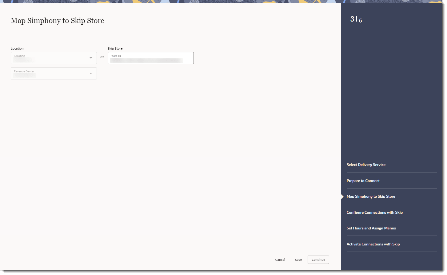This figure shows the Map Simphony to Skip Store page, where you can select the location, revenue center, and corresponding Skip store.