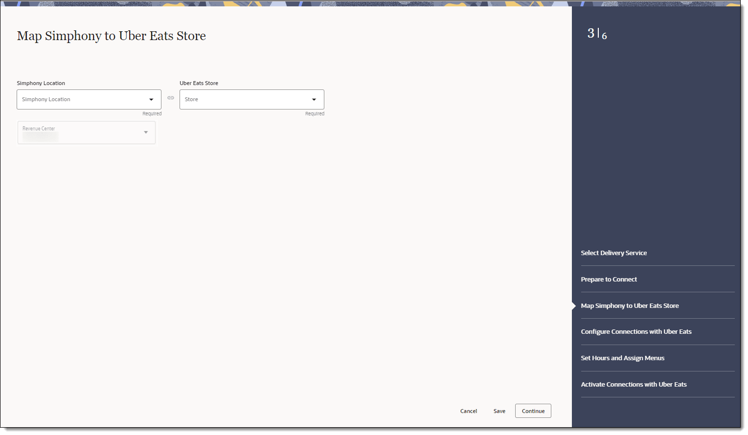 This figure shows the Map Simphony to Uber Eats Store page, where you can select the Simphony location, revenue center, and corresponding Uber Eats store.