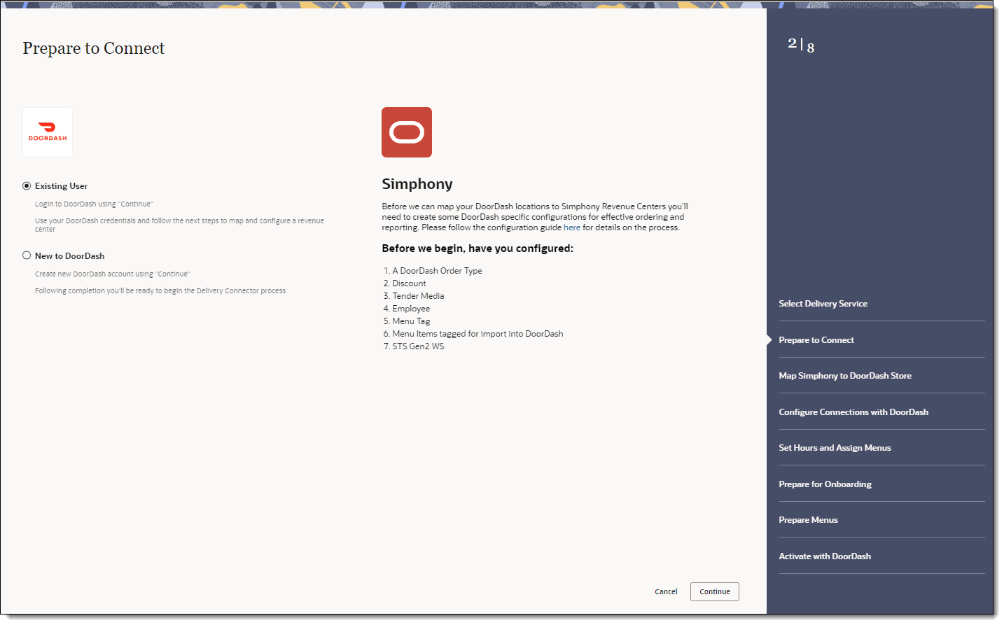 This figure shows the Prepare to Connect page, where you can review the configuration requirements and confirm that you have completed them before proceeding.
