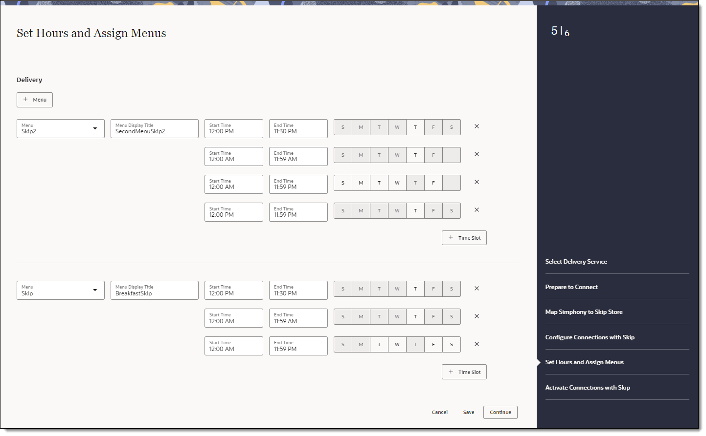 This figure shows the Set Hours and Assign Menus page, where you can set the delivery and pickup menus, and hours of operation for each menu or serving period..