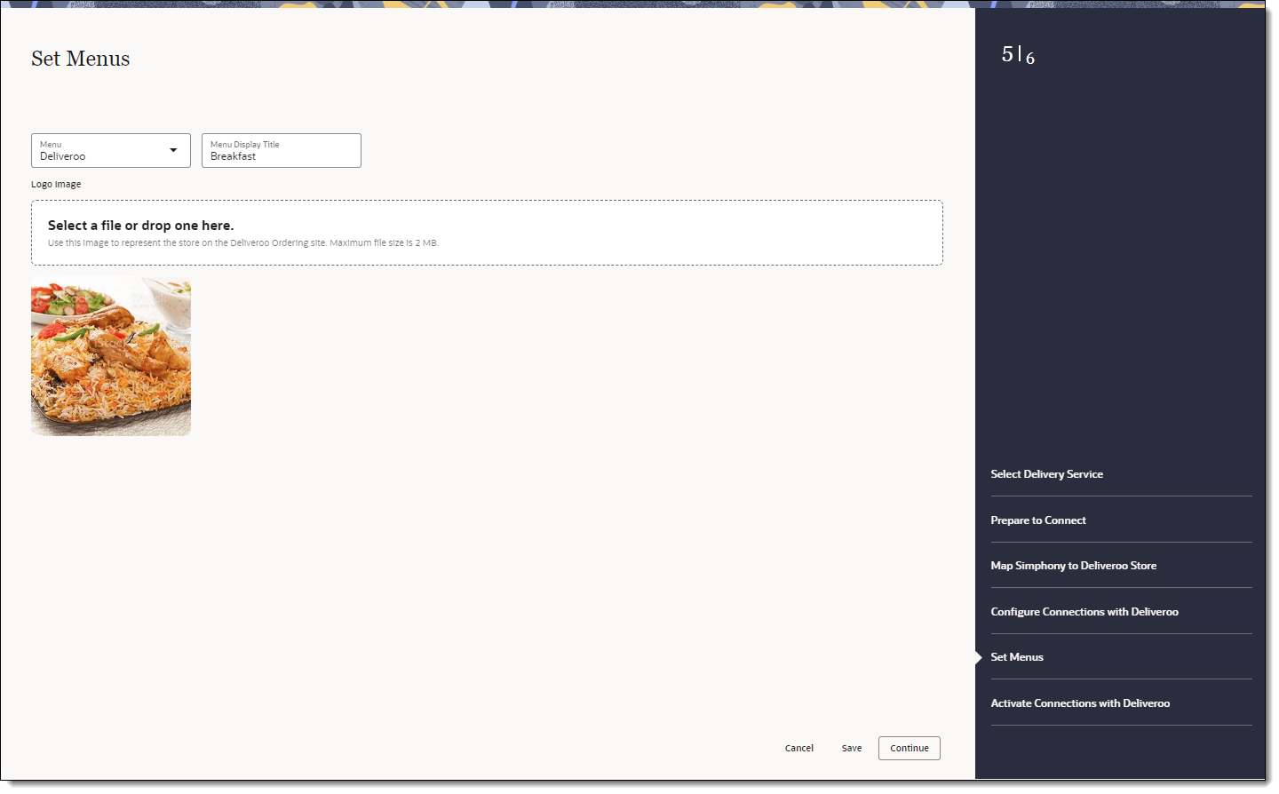 This figure shows the Set Menus page, where you can select the menu, menu display title, and image of the store.