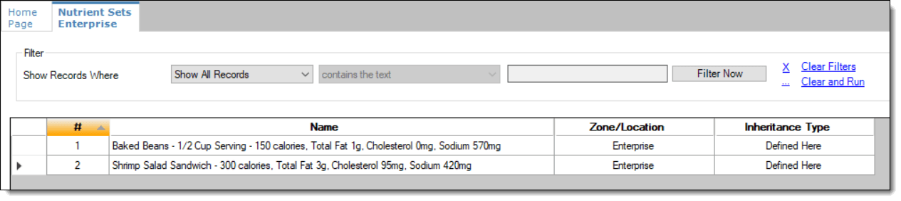 This figure shows the Nutrient Sets module in table view.
