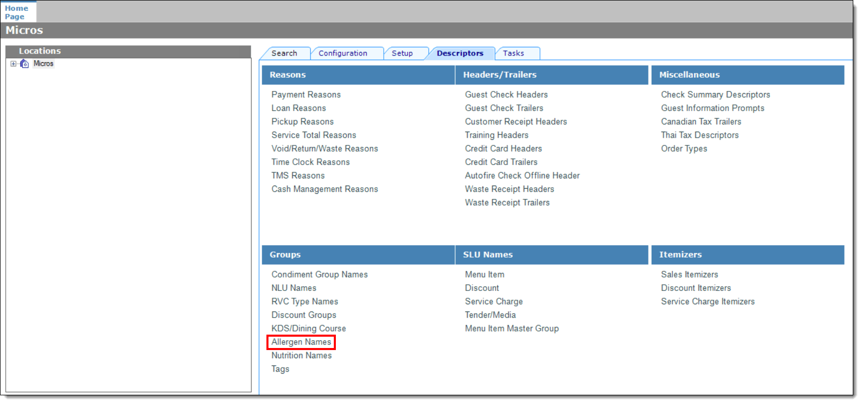 This figure shows the EMC Descriptors tab Allergen Names link.