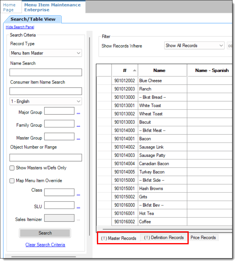 This figure shows the table view of the MI Maintenance module, specifically the restriction indicators which are showing on the MI Masters and MI Definitions tabs.