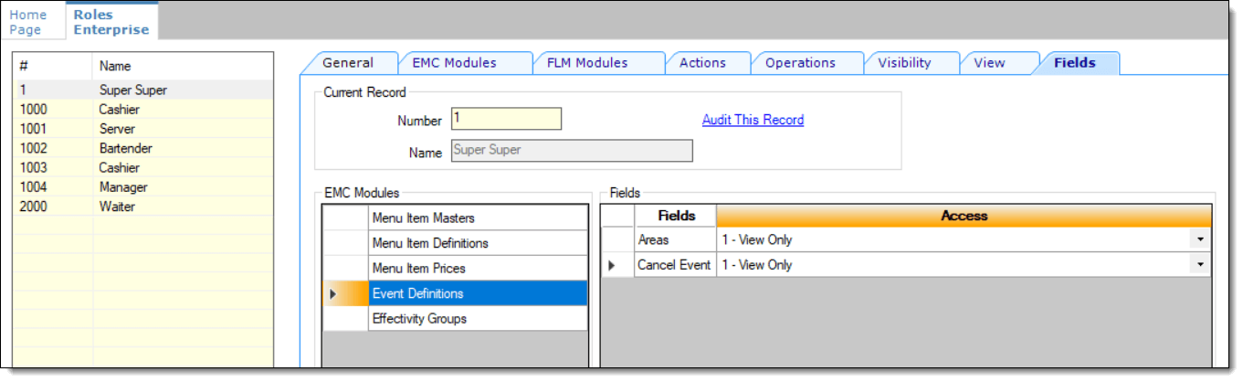 This figure shows the Roles module, Fields tab, specifically the available Event Definitions field settings.