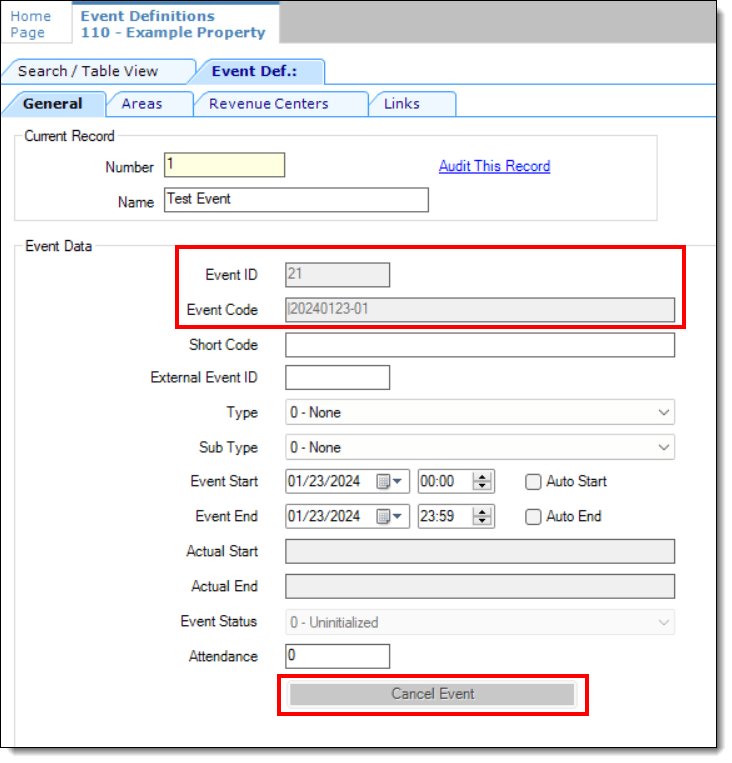 This figure shows the Event Definitions module and the grayed out fields which have restricted access as configured from the Roles module via the Fields tab.