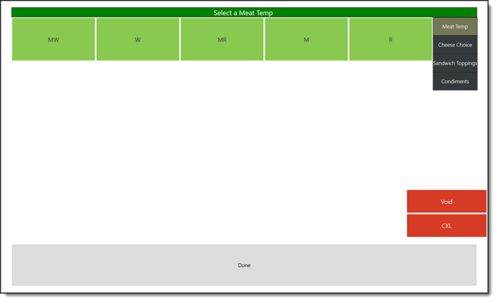 This figure shows the full screen popup condiment orderer from the workstation.