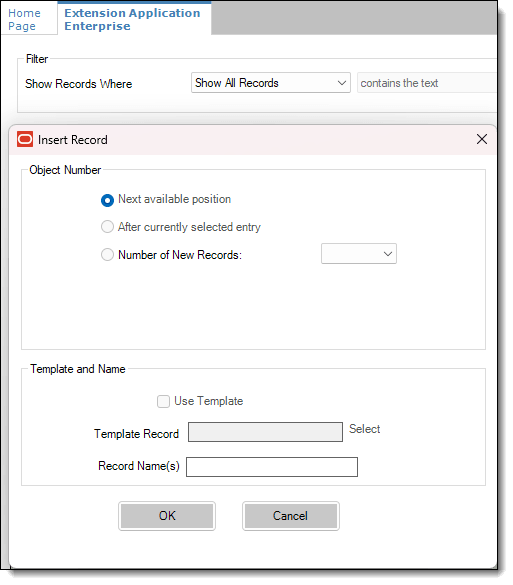This figure shows the extension application module when inserting a new record.