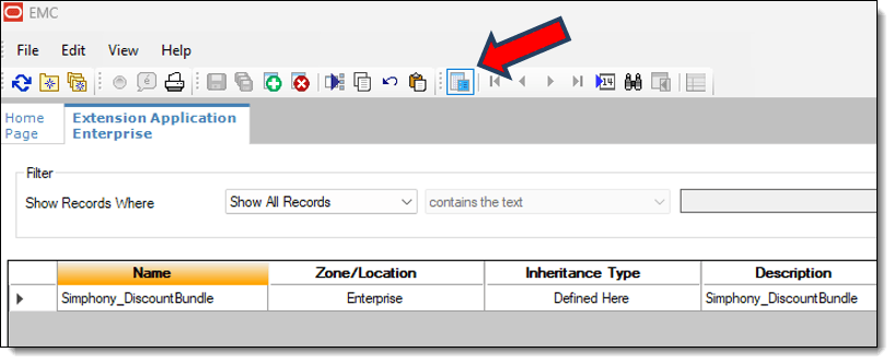 This figure shows the location of the toggle view icon on the EMC toolbar.