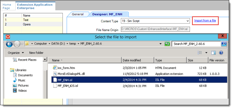 This figure shows the Extension Application importing content file selection.