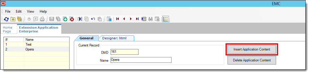 This figure shows the Extension Application module, specifically the Insert Application Content button.