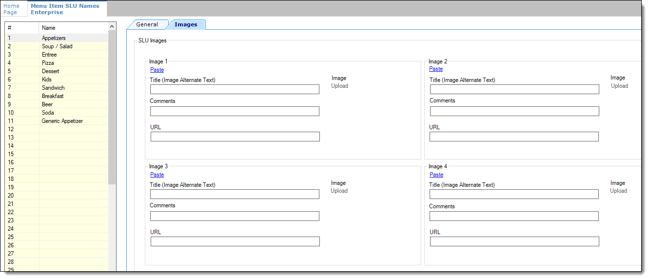 This figure shows the Images tab in the Menu Item SLU Names module.
