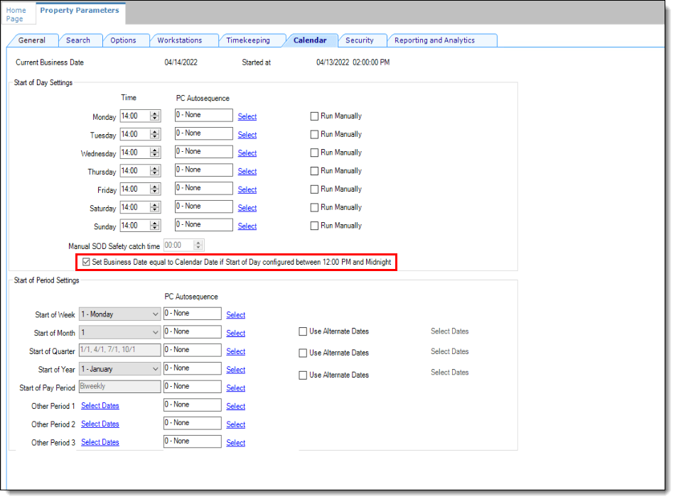 This figure shows the Property Parameters Calendar tab where automatic Start of Day times are configured for each day of the week.