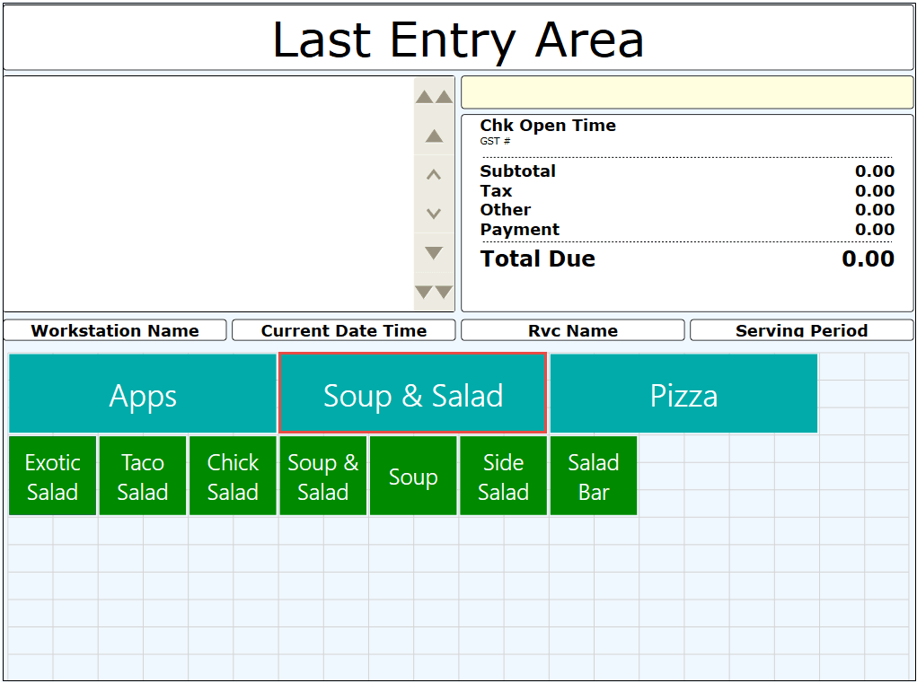 This figure shows a workstation touchscreen with SLUs, showing fewer buttons that are organized in groups (Soup and Salad with red outline). This figure shows a workstation touchscreen with SLUs, showing fewer buttons that are organized in groups (Soup and Salad with red outline).