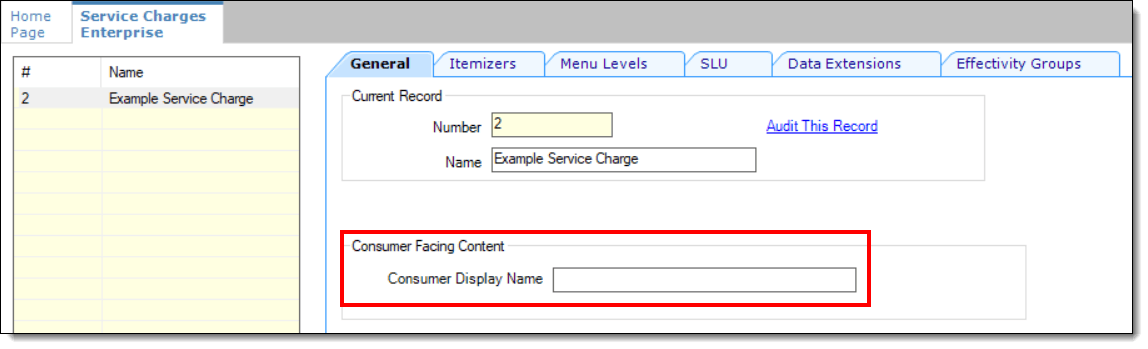 This figure shows the Service Charges record’s consumer facing content field.