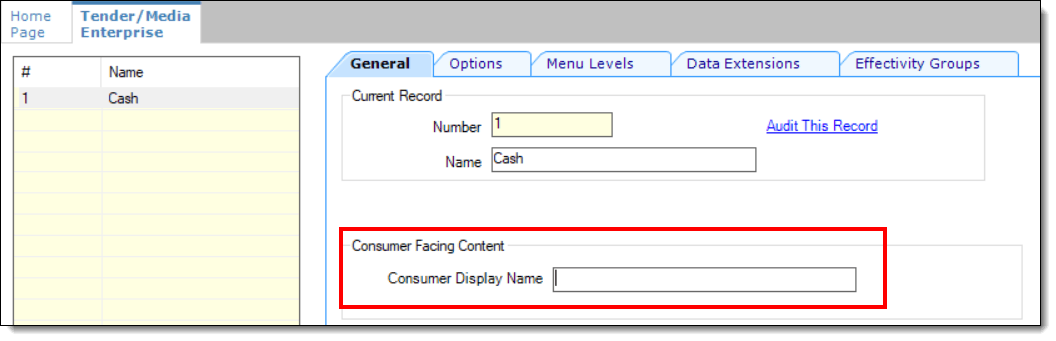 This figure shows the Tender/Media record’s consumer facing content field.