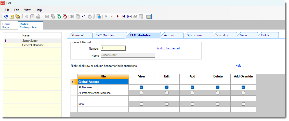 This figure shows the FLM Modules tab in the Simphony EMC’s Roles module.
