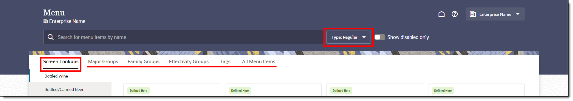 This figure shows the FLM field which allows you to switch between viewing regular vs. condiment menu items. Regular menu item filtering tabs are identified. This figure shows the FLM field which allows you to switch between viewing regular vs. condiment menu items. Regular menu item filtering tabs are identified.