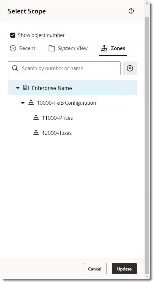 This figure shows the Scope Selector with the Zones view with the Show object name checkbox enabled.