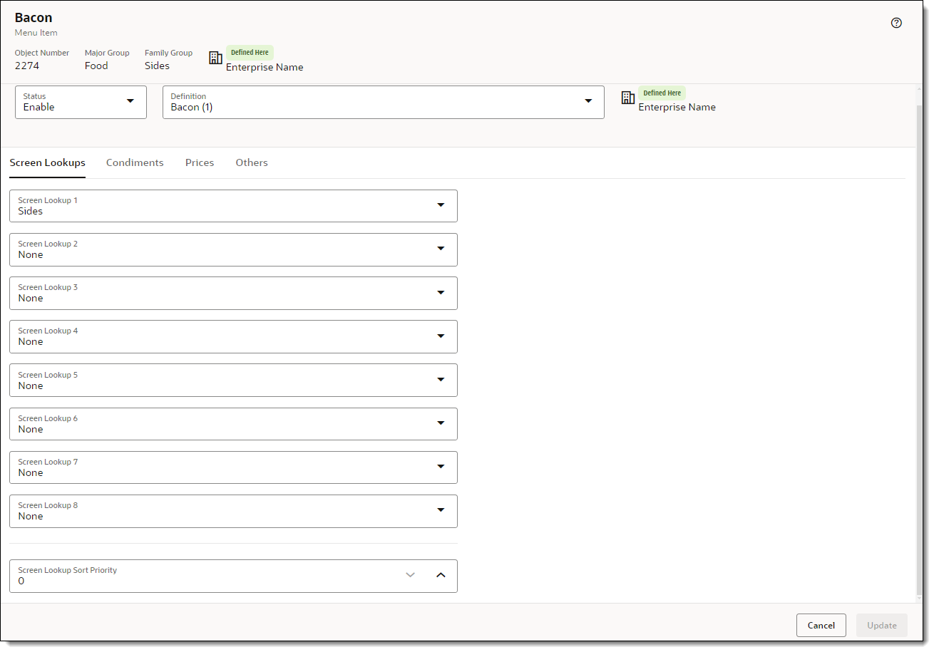 This figure shows the Screen Lookups tab with Screen Lookup 1 through 8.