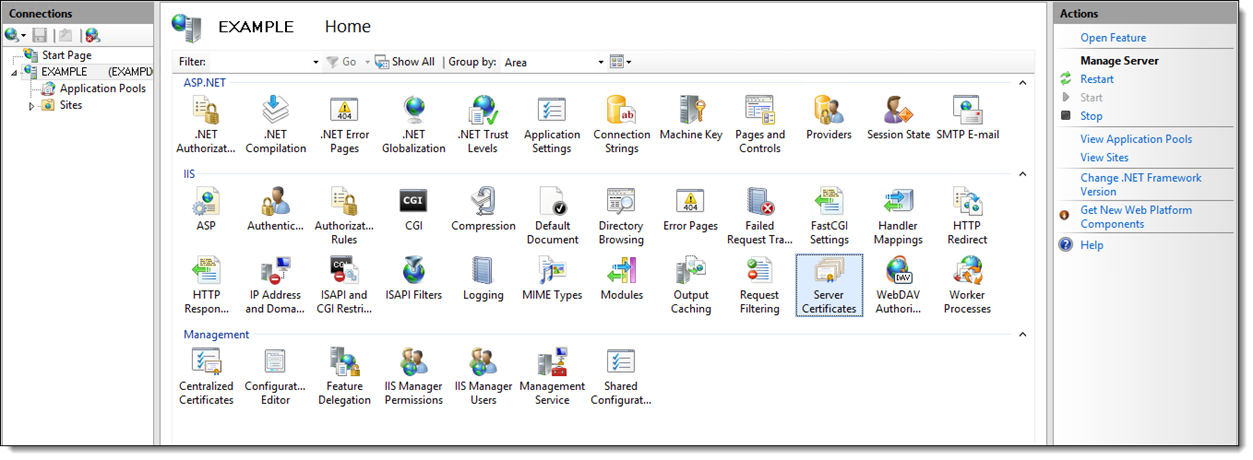 This figure shows the IIS Manager, specifically the IIS section.