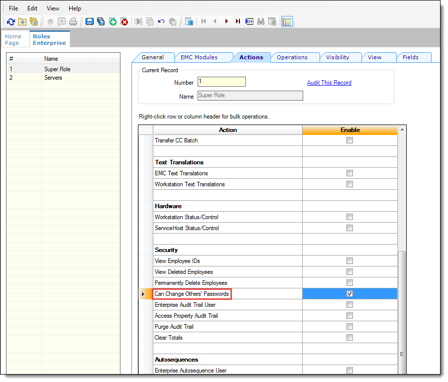 This figure shows the Roles option for Changing Other's Passwords.