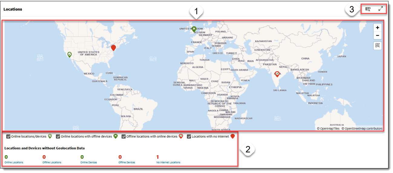 This image shows the Locations map tile in the Locations and Devices dashboard. This image shows the Locations map tile in the Locations and Devices dashboard.