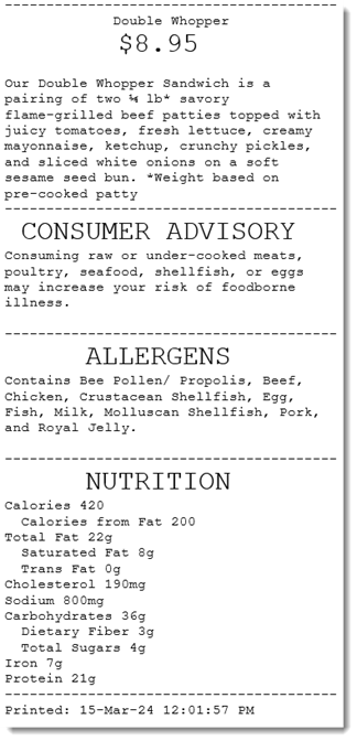This image shows an example of a printed receipt with menu item information.