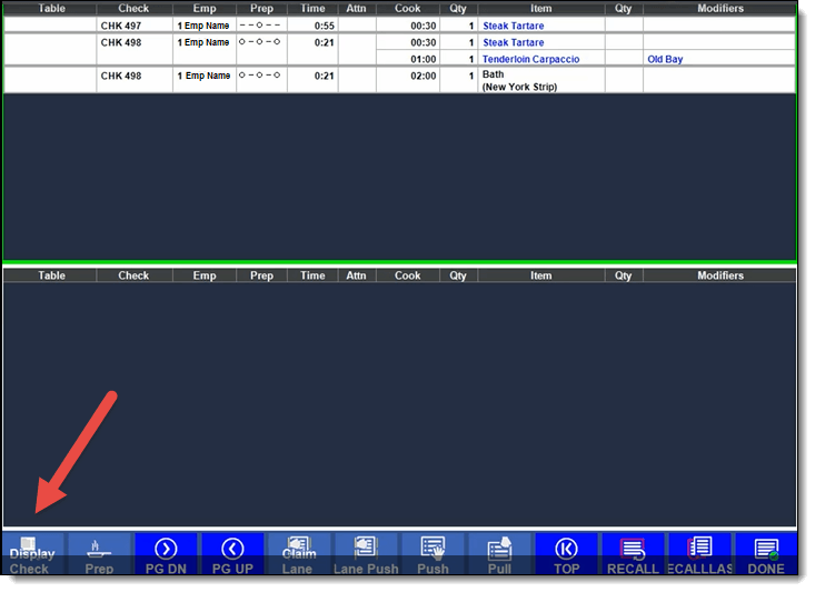 This figure shows the KDS Display. It highlights the Display Check button on the navigational toolbar. This figure shows the KDS Display. It highlights the Display Check button on the navigational toolbar.