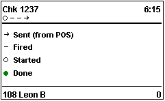 This figure shows an example of status indicators that are used with item timings. These icon indicators are a right-facing arrow to show Sent, a dash to show Fired, a circle with no fill color to show Started, and a circle with green fill color to show Done. This figure shows an example of status indicators that are used with item timings. These icon indicators are a right-facing arrow to show Sent, a dash to show Fired, a circle with no fill color to show Started, and a circle with green fill color to show Done.