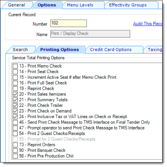 This figure shows the Tender/Media record’s printing options.
