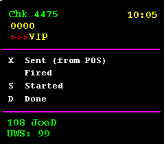 This figure shows an example of status indicators that are used on SEI KDS stations. These indicators are an X to show Sent, an S to show Started, and a D to show Done. The Fired status does not have an indicator. This figure shows an example of status indicators that are used on SEI KDS stations. These indicators are an X to show Sent, an S to show Started, and a D to show Done. The Fired status does not have an indicator.