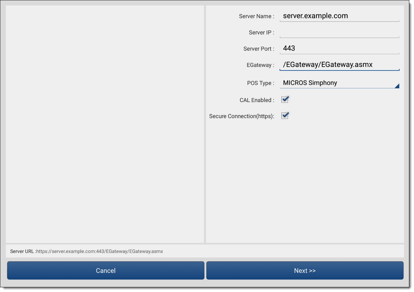 This figure shows the Simphony server identification for CAL screen.