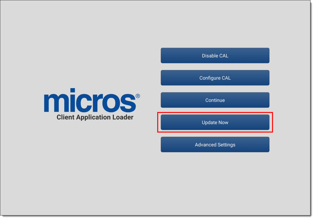 This figure shows the CAL configuration options screen, specifically the Update Now button.