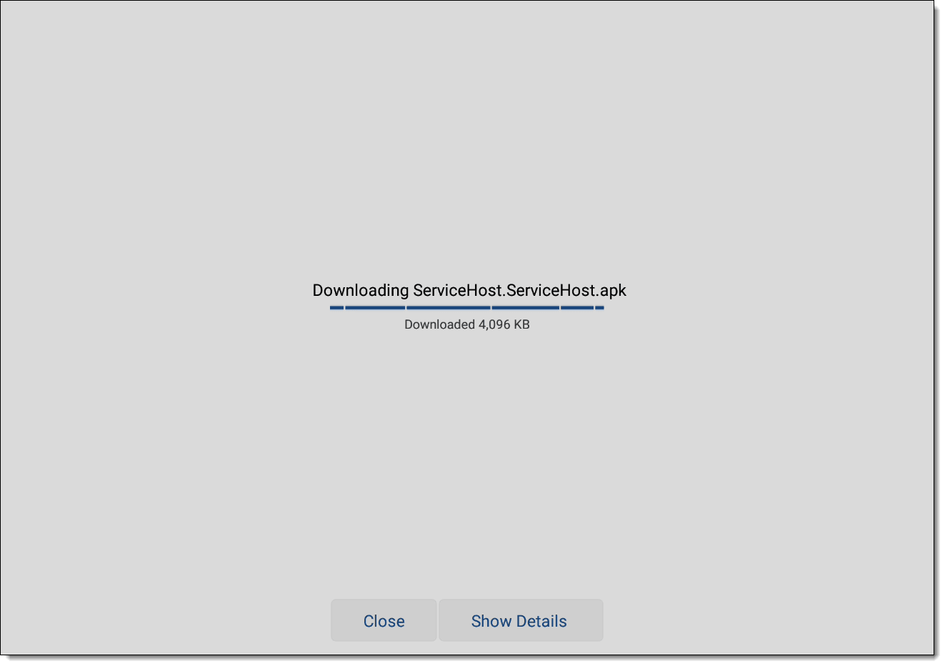 This figure shows the screen that shows the progress of downloading the Android ServiceHost CAL Package to the device.
