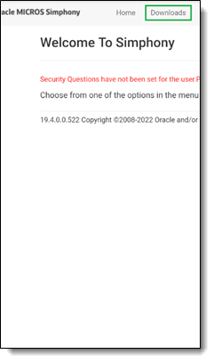 This figure shows the Welcome to Simphony page with the Downloads link indicated at the top of the page.