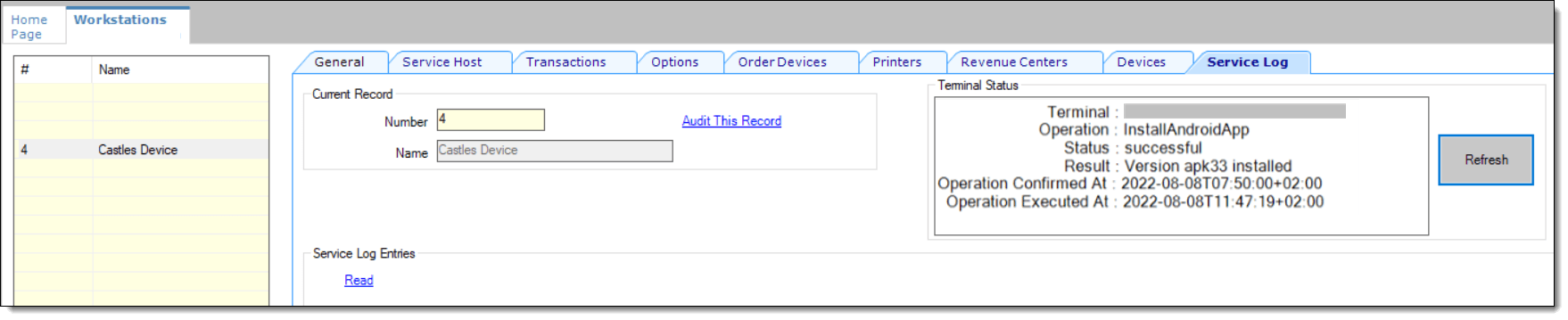 This figure shows the Workstations module Service Log tab and its contents.