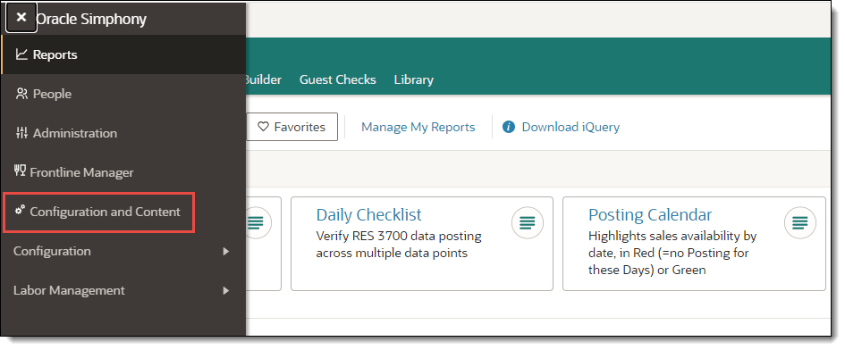 This figure shows the Side Menu access to Configuration and Content.