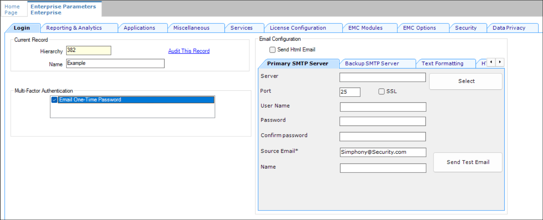 This figure shows the EMC Enterprise Parameters Login tab and the SMTP Email server configuration sections.