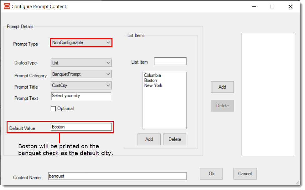This figure shows the non-configurable prompt details window and some example configuration settings.