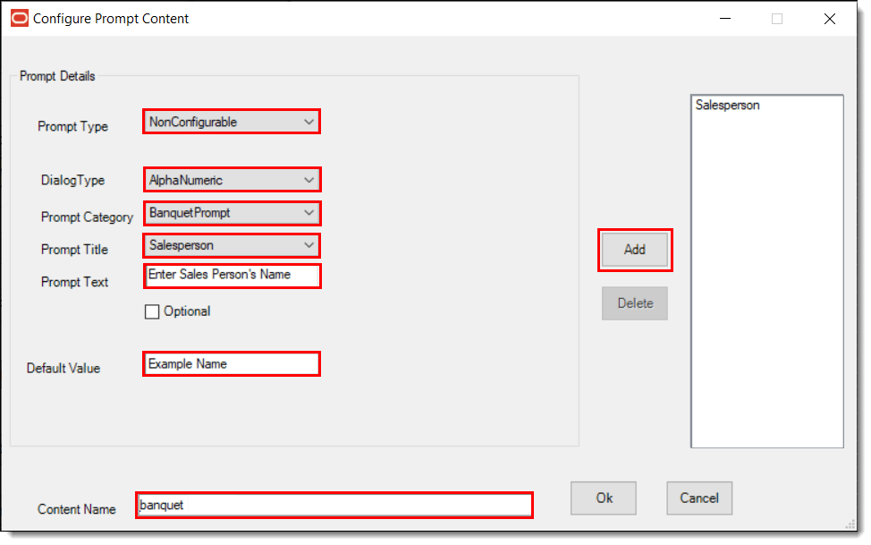 This figure shows the non-configurable prompt details window and some example configuration settings.