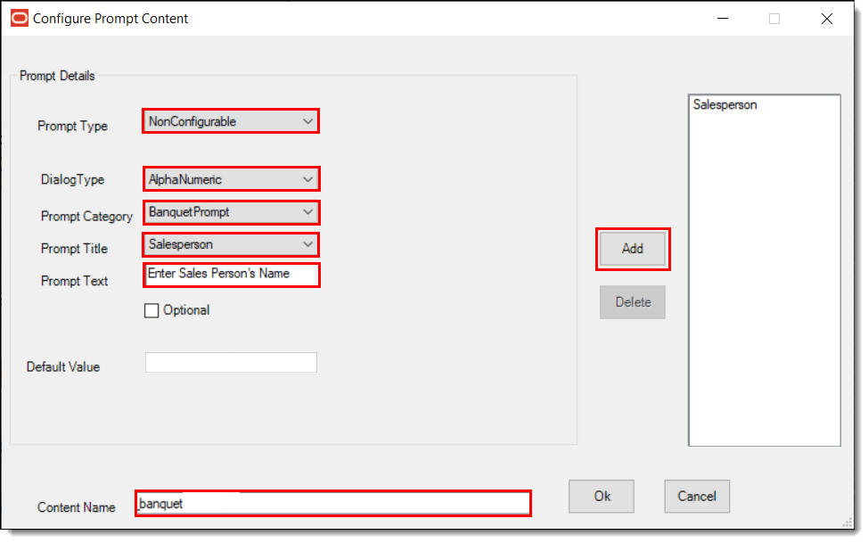 This figure shows the non-configurable prompt details window, specifically with a blank Default Value setting.