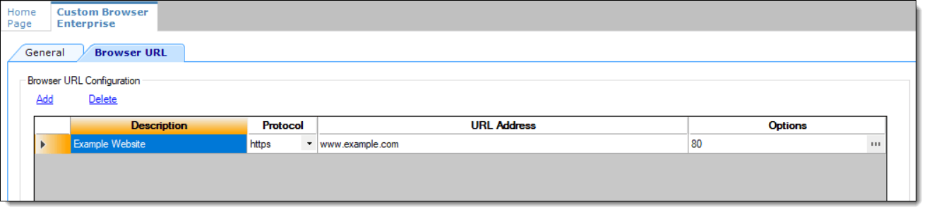 This figure shows the Custom Browser module’s browser URL configuration section.